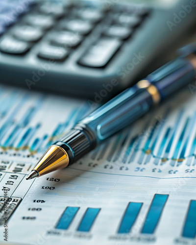 Elegant fountain pen lying on a detailed financial report with graphs and a calculator, highlighting business analytics and budget planning.