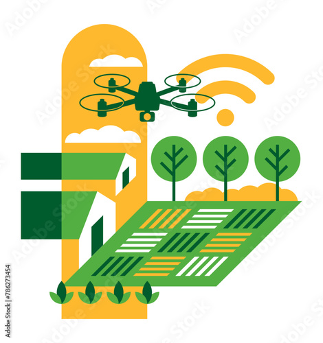Smart Farming, using drones- isometric decoration