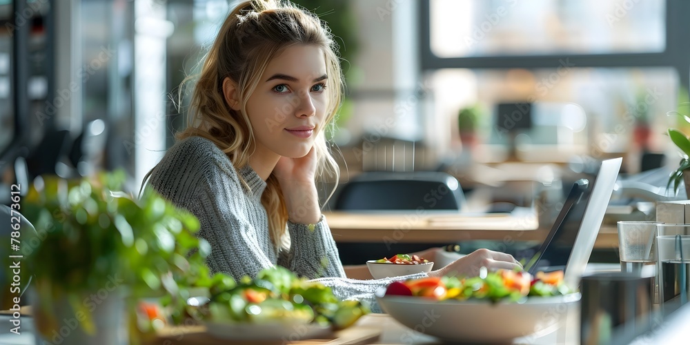 Unenthusiastic Office Worker Facing Dieting Challenges While Eating a Small Vegetable Lunch at Her Desk