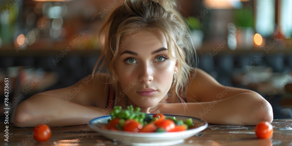 Solitary Woman Contemplates Unsatisfying Vegetable Portion at Dinner Table