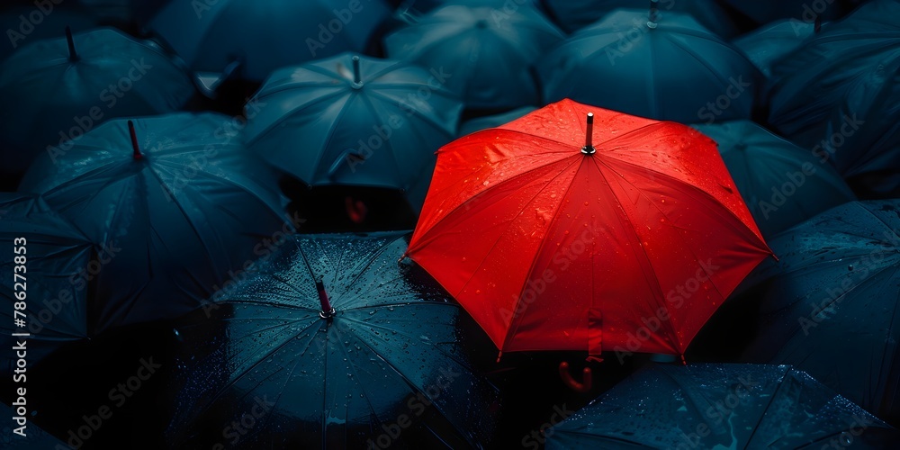 Vibrant Red Umbrella Shining Brightly Amid a Sea of Gloomy Umbrellas Representing the Strength and Uniqueness of Its Carrier in an Urban Setting Vibrant Red Umbrella Shining Brightly Amid a Sea of Gloomy Umbrellas Representing the Strength and Uniqueness of Its Carrier in an Urban Setting
