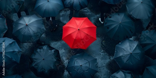 Lone Red Umbrella Amid a Sea of Black Umbrellas Symbolizing Leadership and Self Assurance in the Face of Adversity photo