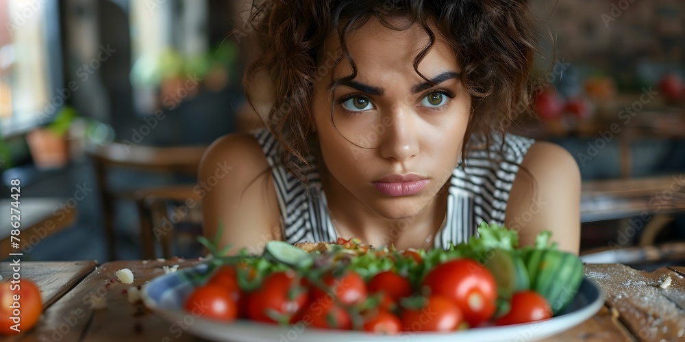 Frustrated Woman Contemplating Limited Portion of Vegetables on Plate Reflecting Challenges of Restrictive Dieting