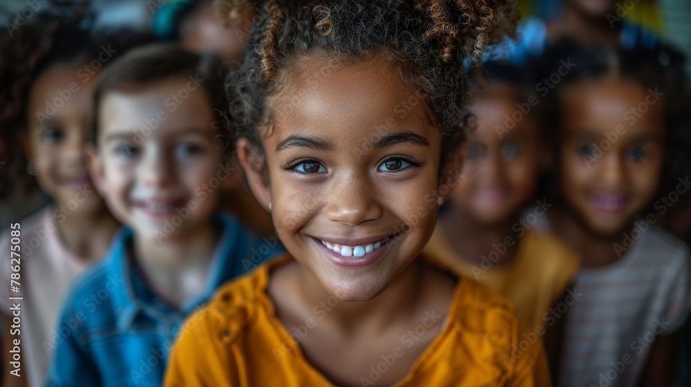 Focused on smiling girl with curly hair, surrounded by blurred faces of diverse children. Diversity multi-ethnic and multiracial kids