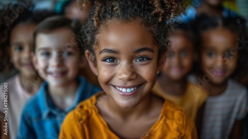 Focused on smiling girl with curly hair, surrounded by blurred faces of diverse children. Diversity multi-ethnic and multiracial kids