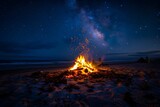 Cozy Beachside Bonfire Under Starry Night Sky Warmth and Relaxation Captured in Long Exposure