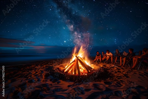 Cozy Beach Bonfire Under Starry Nightscape Warm Flames Reflecting on Faces of Gathered Friends