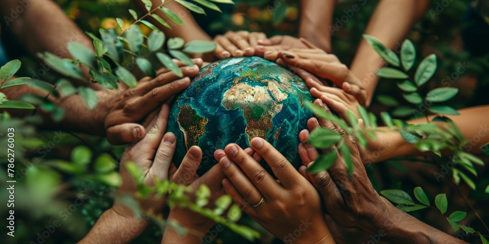 Hands of diverse people holding a globe surrounded by lush greenery, symbolizing unity in nature. Hands of diverse people holding a globe surrounded by lush greenery, symbolizing unity in nature.