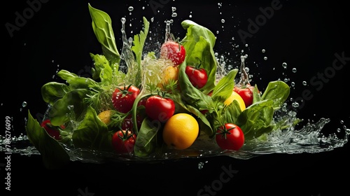 Beautiful vegetables, fruits and herbs falling with splashes into the water. On a dark background.