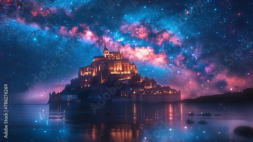 A magnificent castle perched on a hill, surrounded by a moat, under a star-filled night sky. 