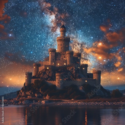 A magnificent castle perched on a hill, surrounded by a moat, under a star-filled night sky.  © forall