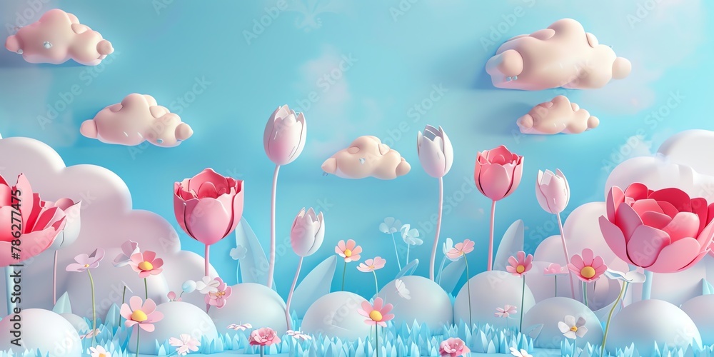 3D render, illustration 16K cute landscape, 3d flowers, earth day, neon color, 3d cute clouds, CAD, gradient blue background 3D render, illustration 16K cute landscape, 3d flowers, earth day, neon color, 3d cute clouds, CAD, gradient blue background