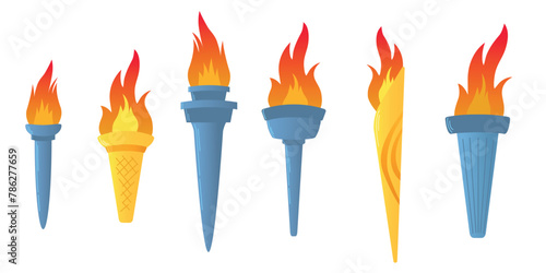 Colorful Flaming Torches, flat vector illustration isolated on white background. Symbols of relay race, competition victory, champion or winner.