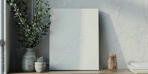 Video mockup of black canvas or picture frame for small poster in shelf in white minimalistic interior. With cold day light