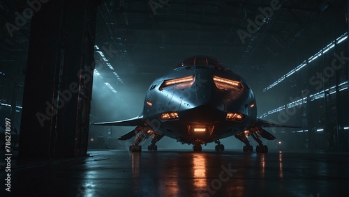 In dark hangar, glow of neon lights reflects off the smooth metal surfaces of a massive spacecraft
