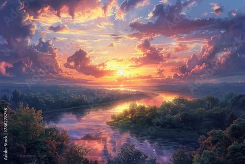 breathtaking sunset over tranquil river surrounded by lush forest landscape