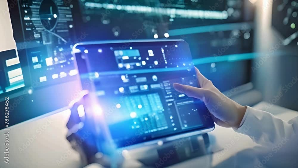 Futuristic Medical Technology. Doctor Interacting with Digital Healthcare Records and DNA Data on a Holographic Interface Futuristic Medical Technology. Doctor Interacting with Digital Healthcare Records and DNA Data on a Holographic Interface