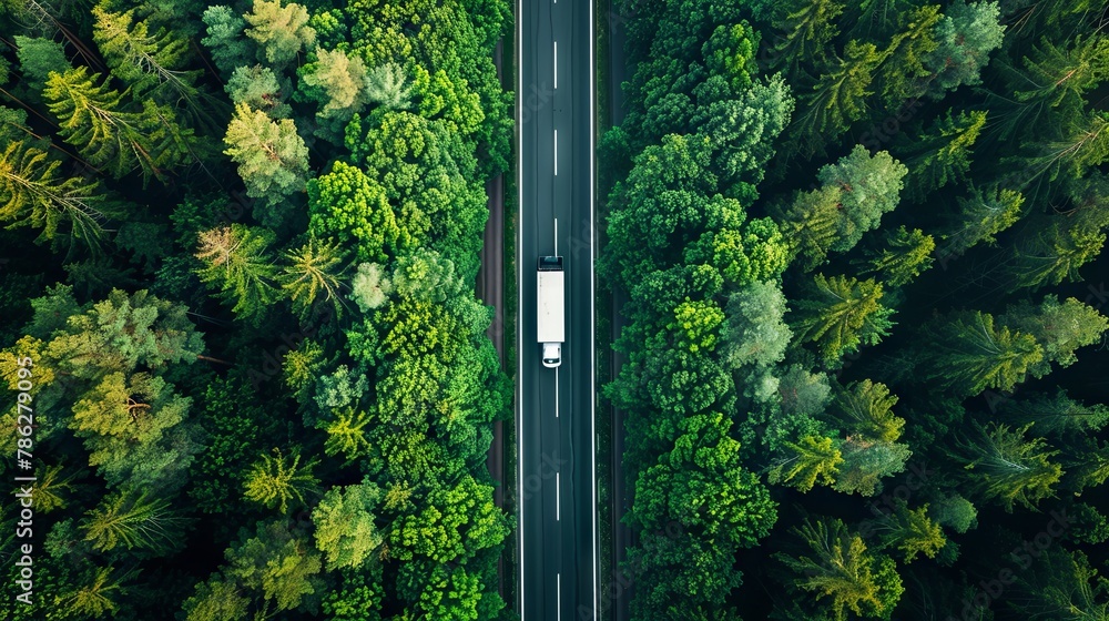 Aerial view of car driving through lush forest road Aerial view of car driving through lush forest road