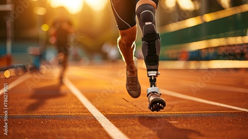 Determined athlete with prosthetic leg sprinting on track at sunset
