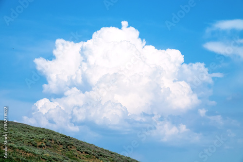 Meteorology, science of atmosphere. Towering cumulus cloud. It threatens of gust, tornado with thunderstorm. It develops over slope of steppe collapse depression (sink) and the salt lake photo