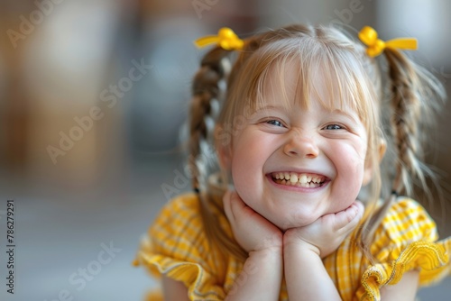 Portrait of happy child girl with down syndrome looking at camera outdors photo