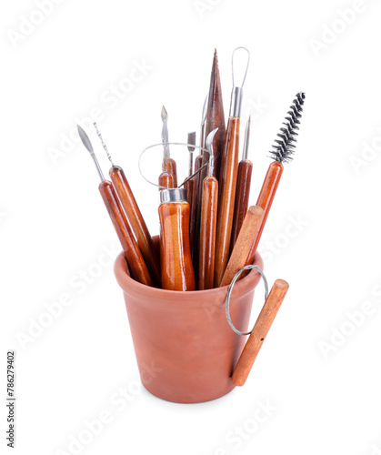 Set of different clay crafting tools isolated on white