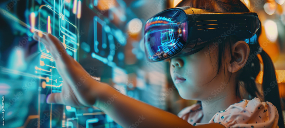 Little girl uses futuristic processor for augmented reality Little girl uses futuristic processor for augmented reality