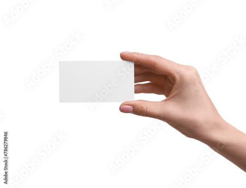 Woman holding blank business card on white background, closeup. Space for text