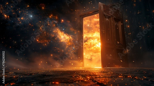 Old wooden door ajar, revealing a cosmic galaxy, dark eerie room, warm ambient lighting, closeup