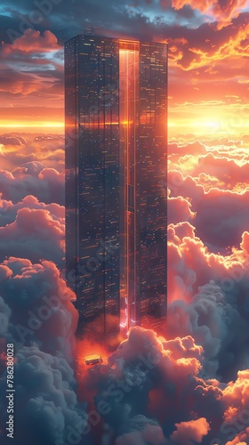 Rooftop access door leading to a floating cloud city, sunset background, vibrant colors, medium shot