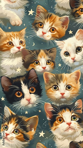 Seamless vector of calico cat kittens, each in a unique playful pose, peeking through starshaped holes, soft color palette photo