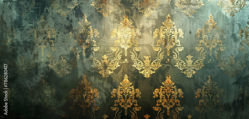 Vintage wallpaper's detailed sophisticated grunge-gold pattern steals the spotlight.