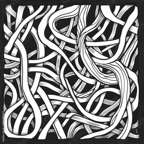 Abstract black and white line drawing of intertwining vines creating a visually intricate and organic pattern in a minimalist style