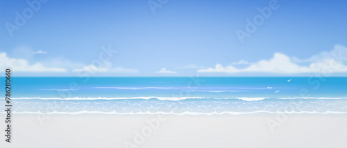 Vector blue sea or ocean background. Beautiful illustration of sandy summer beach. Summer holidays horizontal banner design template