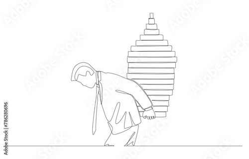 Continuous one line drawing of businessman carrying narrow base population pyramid on his back, problem of aging society concept, single line art.