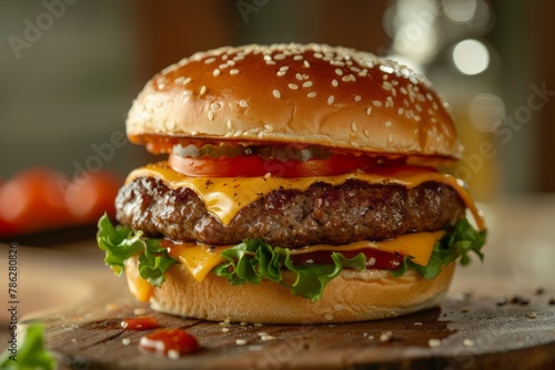 Product shot of fresh big hamburger or cheeseburger