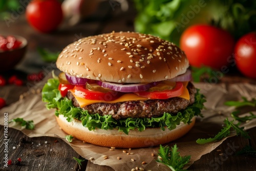 Product shot of fresh big hamburger or cheeseburger