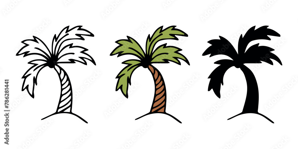 Palm tree icons in doodle style on a white background. Hand drawn doodle illustration.