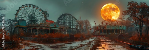 A mysterious, abandoned amusement park, with rusting rides and overgrown paths, under a full moon