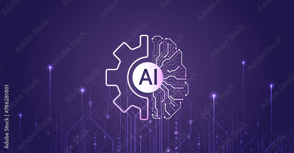Artificial intelligence vector illustration. Technology background template. Abstract high tech brain on a purple background. Data analysis, neural network.