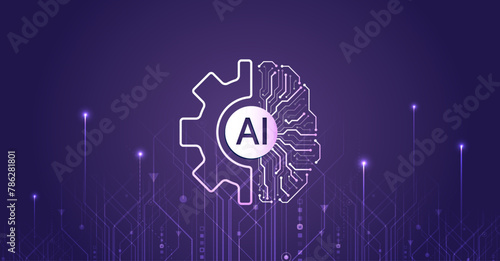Artificial intelligence vector illustration. Technology background template. Abstract high tech brain on a purple background. Data analysis, neural network.