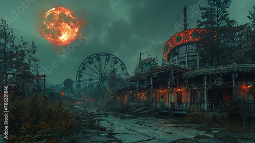 A mysterious, abandoned amusement park, with rusting rides and overgrown paths, under a full moon © forall