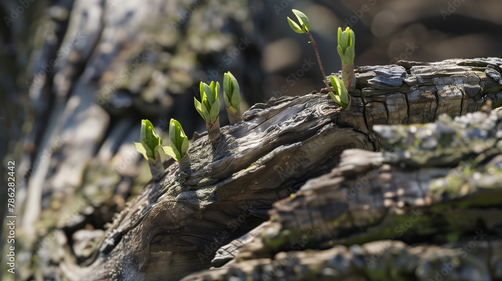 Obraz premium dead tree trunk, new buds growing out.
