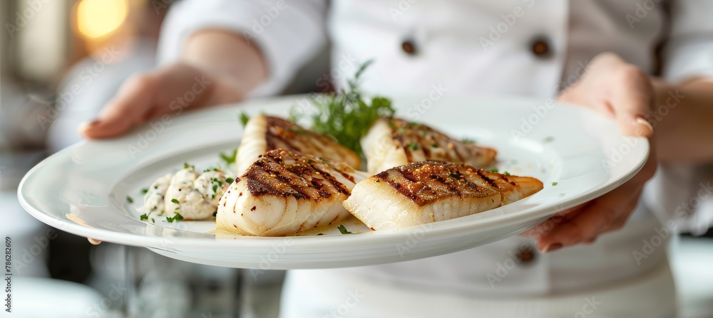 Chef preparing grilled fish fillet in creamy butter lemon or cajun spicy dripping sauce