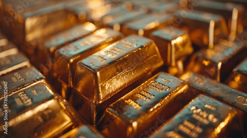 Close-up of stacked gold bars with engraved markings, reflecting warm golden light.