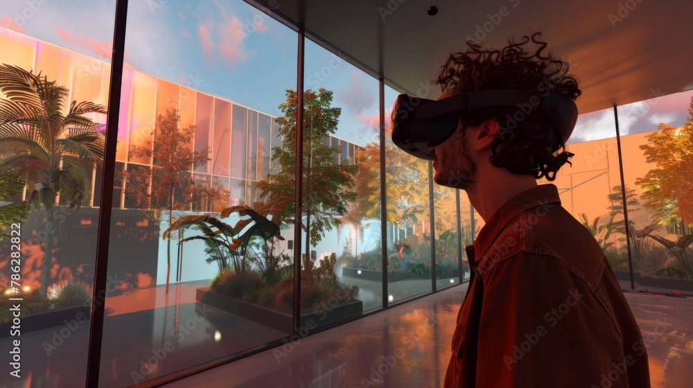 Man Experiencing Virtual Reality at Sunset