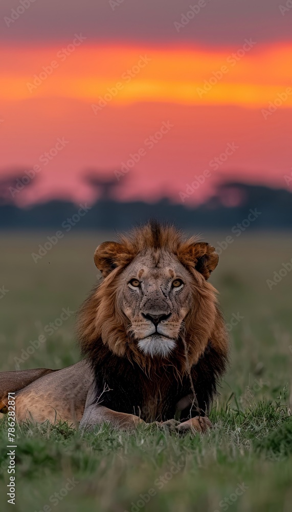 Majestic male lion, the king of the savannah, dominating the landscape at sunset