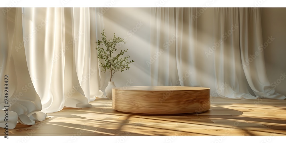 Chic Wooden Podium with Dancing White Curtains in Softly Lit Setting Ideal for Showcasing Fashion Accessories