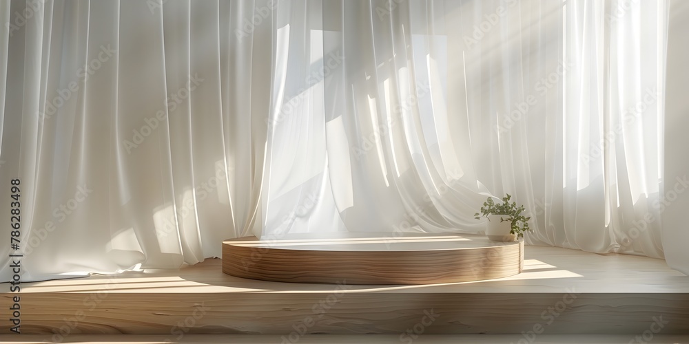 Chic Wooden Podium in Softly Lit Setting with Dancing White Curtains Ideal for Fashion Accessory Showcase Chic Wooden Podium in Softly Lit Setting with Dancing White Curtains Ideal for Fashion Accessory Showcase