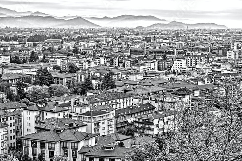 Bergamo panorama aerial view in Italy, Europe in black and white